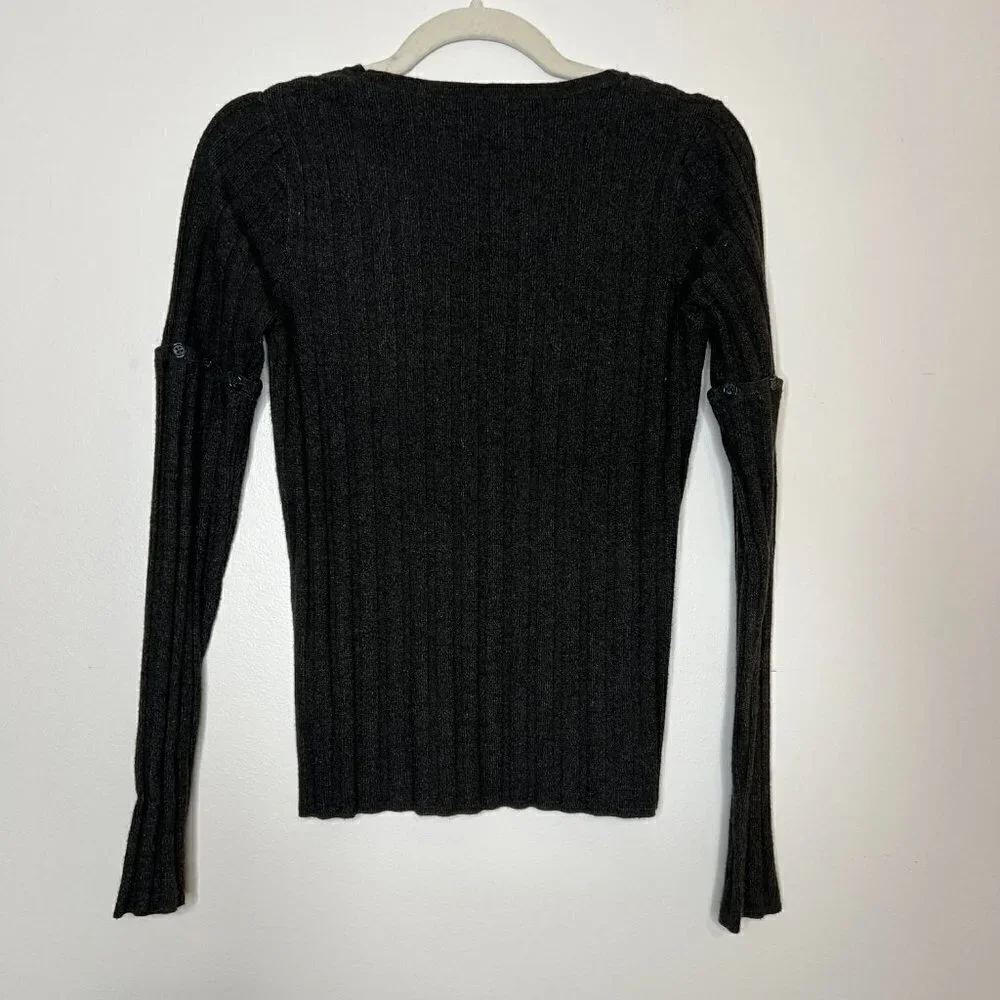 Ecru‎ Ribbed Knit Crewneck Sweater with Convertible Button Sleeves Size XS